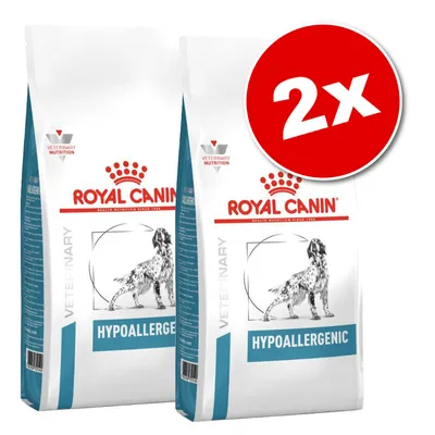 Два пакета Royal Canin Veterinary Hypoallergenic с изображение на куче и надпис 2x в червен кръг. Видими са думите HYPOALLERGENIC и VETERINARY.