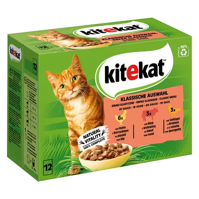 Kitekat Klassische Auswahl, 12 annospussia: 6x kanaa, 3x nautaa, 3x siipikarjaa kastikkeessa. Natural Vitality, 100 % täysravinto. Kierrätettävä.