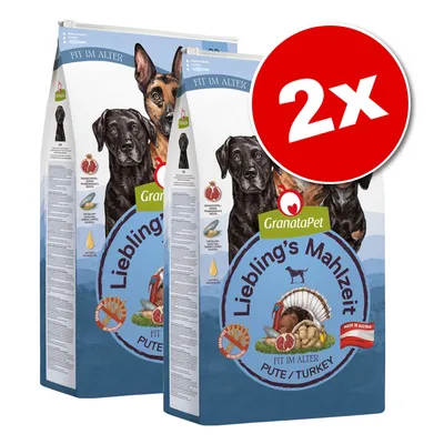 Lot de 2 sacs GranataPet Liebling's Mahlzeit Fit im Alter Pute/Turkey, illustration de chiens et dinde, texte Made in Austria visible sur l'emballage.