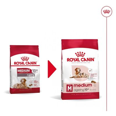 Промяна на опаковката на Royal Canin Medium Ageing 10+ за кучета. Показани са старата и новата опаковка с изображение на куче и текст: medium ageing 10+, muscle mass support.