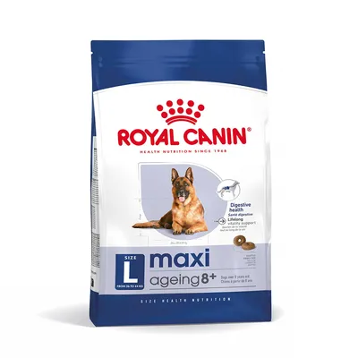 Royal Canin maxi ageing 8+ size L, para perros de 26 a 44 kg. Texto visible: Digestive health, Lifelong vitality support. Imagen de un perro grande en el envase.