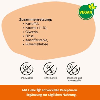 Zusammensetzung: Kartoffel, Karotte (11 %), Glycerin, Erbse, Kartoffelstärke, Pulvezellulose. Vegan. Ohne Zucker, ohne Gluten, ohne Farb- und Aromastoffe. Ergänzung zur täglichen Nahrung.