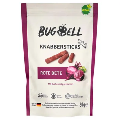 BugBell Knabbersticks červená řepa, veganské, uzené bukovým dřevem. Bez cukru, bez lepku, bez barviv a aromat. Vyrobeno v Německu, 60g.