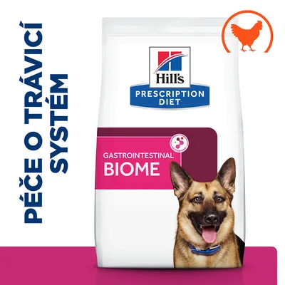 Hill's Prescription Diet Gastrointestinal Biome krmivo pre psov, symbol kuraťa, text: Péče o trávící systém. Balenie s obrázkom psa.