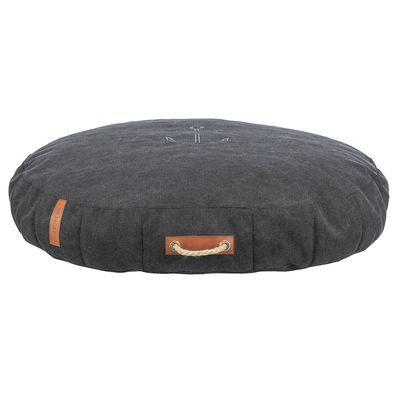 Rundes dunkelgraues Kissen mit Ankerstickerei, Lederdetails und Griff aus Seil. Label 'Nordic' sichtbar.