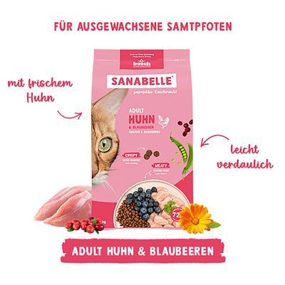 Sanabelle Adult Huhn & Blaubeeren, mit frischem Huhn, leicht verdaulich, für ausgewachsene Samtpfoten. Abgebildet sind Huhn, Blaubeeren und Kroketten.