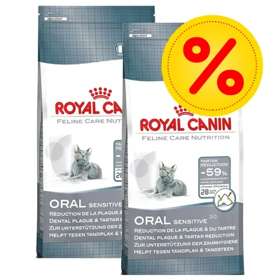 Två påsar Royal Canin Feline Care Nutrition Oral Sensitive torrfoder för katt, text: Tartar reduction -59 %, 28 days efficiency, stor gul rabatt-symbol med procenttecken. Två påsar Royal Canin Feline Care Nutrition Oral Sensitive torrfoder för katt, text: Tartar reduction -59 %, 28 days efficiency, stor gul rabatt-symbol med procenttecken.