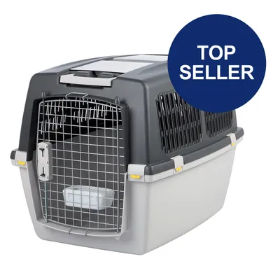 Transportbox mit Gittertür, graues Oberteil und weißer Boden. Blauer Kreis mit Text 'Top Seller'. Transportbox mit Gittertür, graues Oberteil und weißer Boden. Blauer Kreis mit Text 'Top Seller'.