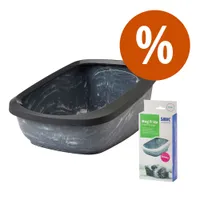 Bac à litière à haut rebord Savic Aseo XXL pour chat - Starterset: Toilette grau marmoriert/schwarz+ 6 Bag it up