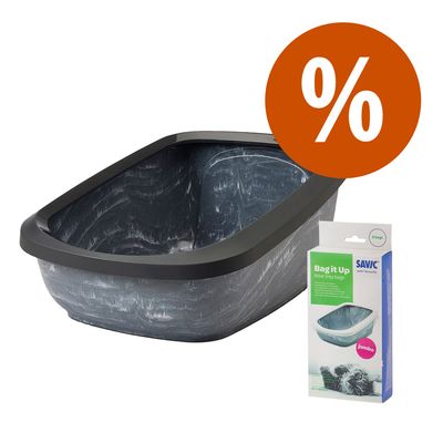 Bac à litière à haut rebord Savic Aseo XXL pour chat Starterset: Toilette grau marmoriert/schwarz+ 6 Bag it up