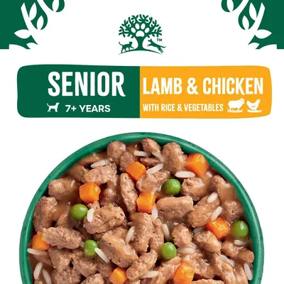 Senior lamb and chicken with rice and vegetables, suitable for pets aged 7 years and older. Image shows chunks of meat, peas, carrots, and rice in gravy.