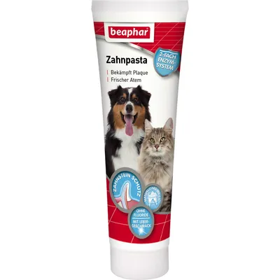 Beaphar fogkrém 2-enzimes rendszerrel, lepedék ellen, friss lehelet, fogkő elleni védelem, fluoridmentes, máj ízű. Kutyáknak és macskáknak.