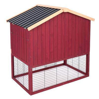 Rotes Holzgehege mit schwarzem Dach und Metall-Gitterwänden, geeignet für Kleintiere. Oberer Bereich geschlossen, unterer Bereich offen mit Gitter.