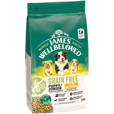 James Wellbeloved Grain Free Puppy/Junior up to 14 months, rich in turkey and vegetables, hypoallergenic, light and easily digestible, grain-free, 1.5 kg.