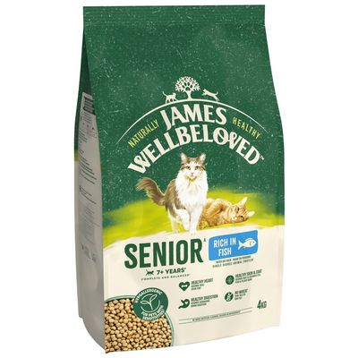 James Wellbeloved Senior, rich in fish, for pets aged 7 years and over. Hypoallergenic, healthy heart, healthy digestion, healthy skin and coat, no wheat. 4kg bag.