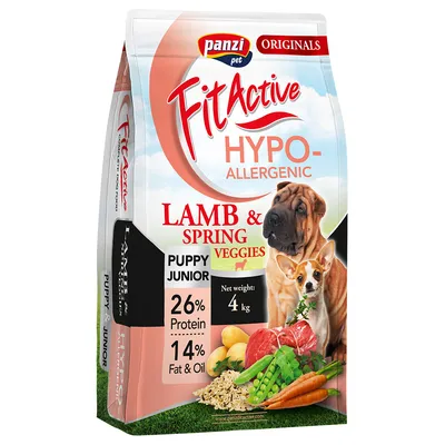 Panzi Pet Fit Active Hypoallergenic Puppy Junior Trockenfutter mit Lamm und Frühlingsgemüse, 26% Protein, 14% Fett & Öl, Nettogewicht: 4 kg.