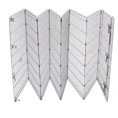 Metal mesh fence with multiple foldable sections, suitable for partitioning or fencing. Black design with sturdy connectors and hooks.