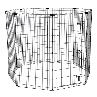 Parc pour animaux en métal noir, forme octogonale, composé de panneaux grillagés reliés par des charnières, avec une porte à loquet visible sur un des côtés.