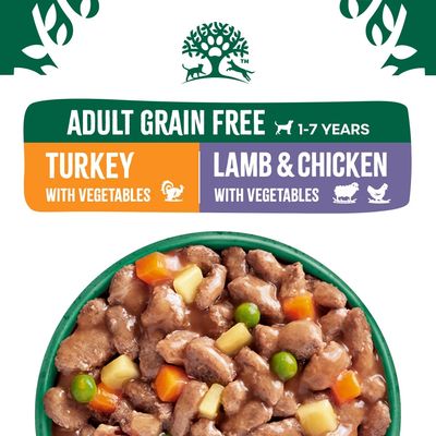 Adult Grain Free 1–7 Years. Turkey with vegetables, Lamb & Chicken with vegetables. Tray with visible meat pieces and vegetables in gravy.