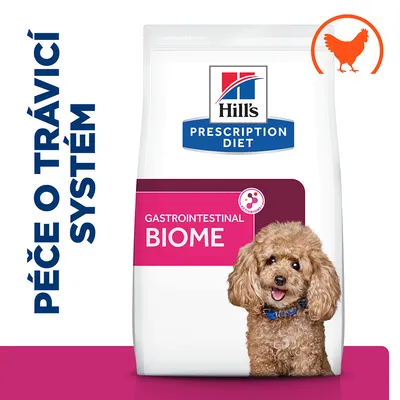 Hill's Prescription Diet Gastrointestinal Biome, péče o trávicí systém, balení s obrázkem psa a ikonou kuřete v pravém horním rohu.