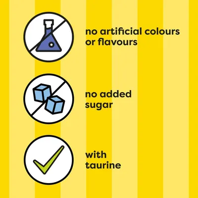 No artificial colours or flavours, no added sugar, with taurine.