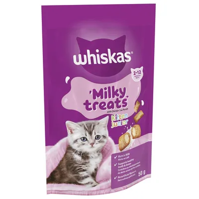 Whiskas Milky treats with chicken for kittens aged 2-12 months, rich in milk, supports healthy teeth and bones, no artificial flavours, 50g pack.