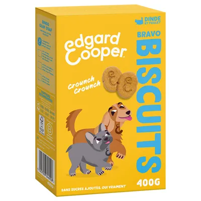 Edgard Cooper Bravo Biscuits à la dinde et au poulet, 400g. Sans sucre ajouté. Emballage avec chien, chat et deux formes de biscuits.