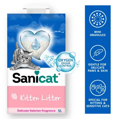 Sanicat Kitten Litter, 5L, mit Valerian-Duft. Oxygen Odour Control, Mini Granules, sanft zu empfindlichen Pfoten und Haut, speziell für Kätzchen und sensible Katzen. Sanicat Kitten Litter, 5L, mit Valerian-Duft. Oxygen Odour Control, Mini Granules, sanft zu empfindlichen Pfoten und Haut, speziell für Kätzchen und sensible Katzen.