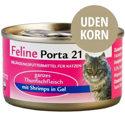 Feline Porta 21 kattemad dåse, tekst: 'ganzes Thunfischfleisch mit Shrimps in Gel', 'ERGÄNZUNGSFUTTERMITTEL FÜR KATZEN', mærkat med 'UDEN KORN', billede af kat.
