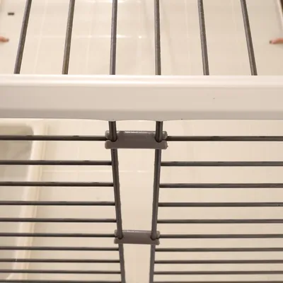 Vue rapprochée de barreaux métalliques gris et d’un cadre en plastique blanc, probablement partie d’une cage ou barrière pour animaux.