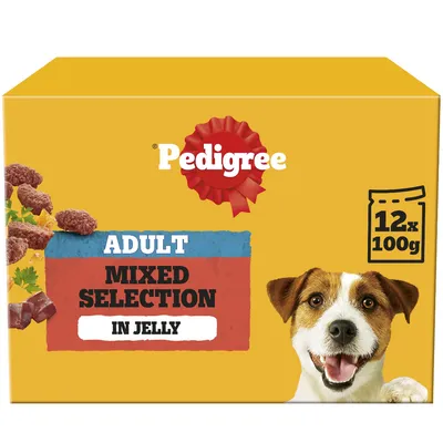 Adult mixed selection in jelly, 12 x 100g. Pedigree brand packaging shows food pieces and a dog image.
