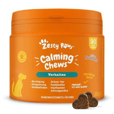 Zesty Paws Calming Chews för hundar, 90 tuggbitar, rik på kalkon, med grönt te, postbiotika, hampafrön, ashwagandha och PRIOME HT-MW Blend. Kompletteringsfoder för beteende och välbefinnande.