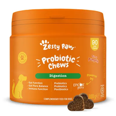 Zesty Paws Probiotic Chews Digestion, 90 soft chews, rijk aan pompoen, 300 g. Tekst: Gut Function, Gut Flora Balance, Immune Function, Prebiotics, Probiotics, Postbiotics, EPICOR pets.