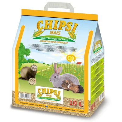 Опаковка Chipsi Mais, 10 л. Видими са надписи: QUALITÄTS-HEIMTIERSTREU, STRUKTUR-MAIS-GRANULAT. Илюстрации на заек, хамстер, пор и две морски свинчета.