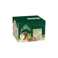 James Wellbeloved Grain Free Adult product box showing food pieces, key features including healthy digestion and omega 3, suitable for over 12 months, pack contains 24 x 85g.