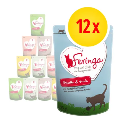 Feringa Forelle & Huhn -annospussi, 85 g. Pakkaus sisältää 12 pussia eri makuja. Näkyvissä Feringa-logo ja teksti: mit viel Liebe wie hausgemacht!