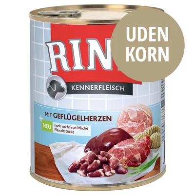 Rinti Kennerfleisch dåse med teksten 'MIT GEFLÜGELHERZEN', 'UDEN KORN', 'NEU noch mehr natürliche Fleischstücke' og billede af kød og indmad på etiketten.