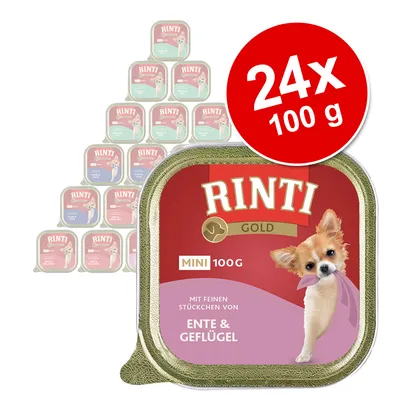 RINTI Gold MINI 100 g, ENTE & GEFLÜGEL, 24 x 100 g pakkauksessa. Pakkauksessa pieni koira ja teksti: MIT FEINEN STÜCKCHEN VON ENTE & GEFLÜGEL.