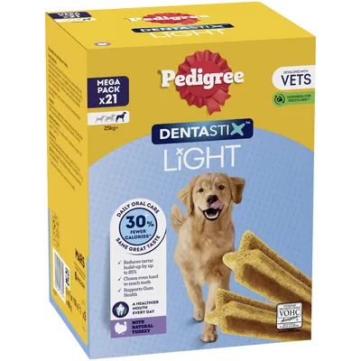 Pedigree Dentastix Light, mega pack of 21 for dogs over 25kg. 30% fewer calories, daily oral care, reduces tartar by up to 85%, supports gum health, with natural turkey.