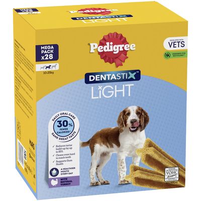 Pedigree Dentastix Light, mega pack of 28 for 10-25kg pets, daily oral care with 30% fewer calories, reduces tartar, supports gum health, contains natural turkey.