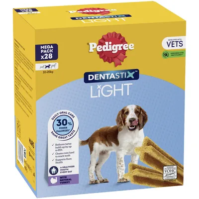 Pedigree Dentastix Light, mega pack of 28 for 10-25kg pets, daily oral care with 30% fewer calories, reduces tartar, supports gum health, contains natural turkey.