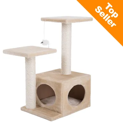 Krabpaal met twee sisalpalen, twee ligplateaus, speelmuis aan touw en kubusvormig huisje. Oranje hoeklabel met witte tekst: Top Seller.
