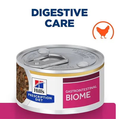 Консерва Hill's Prescription Diet Gastrointestinal Biome. Видима храна, текст: DIGESTIVE CARE, икона на пиле.