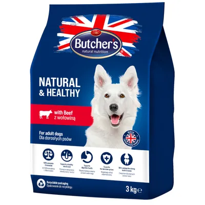Butcher's Natural & Healthy hondenvoer met rund, voor volwassen honden. Verpakking 3 kg, recyclebaar. Ondersteunt vacht, spijsvertering, immuunsysteem en botten.
