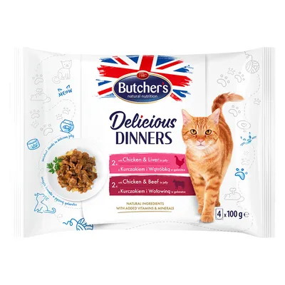 Butcher’s Delicious Dinners 32 x 100 g pour chat - lot mixte : poulet & foie, poulet & bœuf