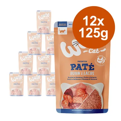 Witty Cat Premium Paté piščanec in losos, 12 x 125 g. Na embalaži: 99 % mesa, brez žit, Made in Germany. Slika prikazuje več pakiranj z vidnimi koščki mesa. Witty Cat Premium Paté piščanec in losos, 12 x 125 g. Na embalaži: 99 % mesa, brez žit, Made in Germany. Slika prikazuje več pakiranj z vidnimi koščki mesa.