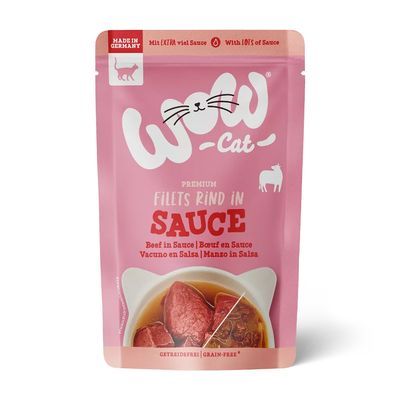 WOW Cat Premium Filets Rind in Sauce, Made in Germany, graanvrij. Tekst: Beef in Sauce, Bouf en Sauce, Vacuno en Salsa, Manzo in Salsa. Afbeelding van rundvlees in saus.