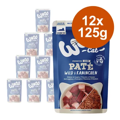 WOW Cat Premium Senior Paté Wild & Kaninchen, 12 x 125g pouches shown. Visible text: Made in Germany, Senior 10+, venison & rabbit, grain-free, 99% meat.