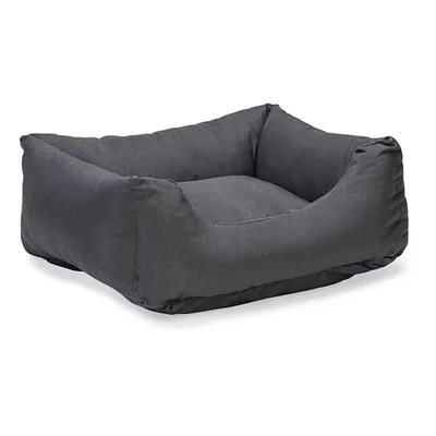 Grey pet bed with padded sides and rectangular shape, suitable for comfort and relaxation.
