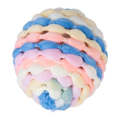 Braided ball made of colourful fabric in pastel shades: blue, pink, yellow and white.
